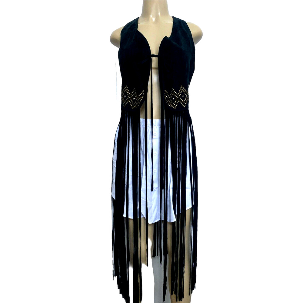 Cleobella Black Suede Fringe Vest with Studded Waist